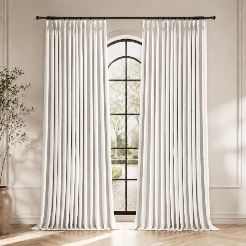 Pinch Pleated 100% Blackout Linen Curtains for Bedroom 108 Inch (White/Linen 100% Blackout / 40"W x 108"L (Pack of 2))