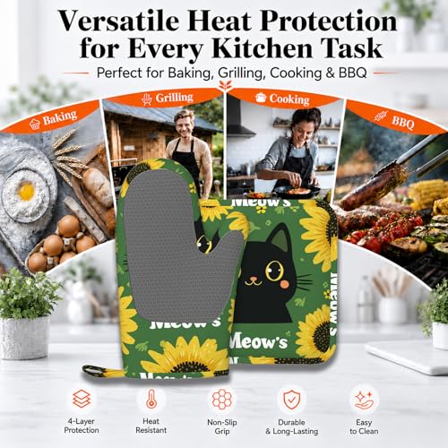 Black Cat Oven Mitts and Pot Holders Sets Cartoon Sunflower Silicone Heat Resistant Kitchen Oven Gloves Pot Holder for Cooking Baking Grilling BBQ (Black Cat)
