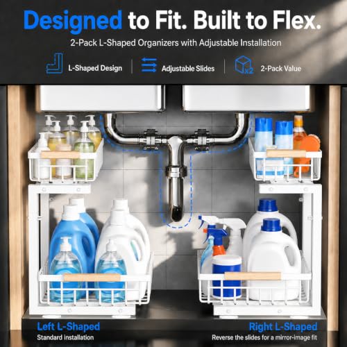 Under Sink Organizer 2 Pack (White / 11.8"W x 15.9"D x 13.8-16.9"H)
