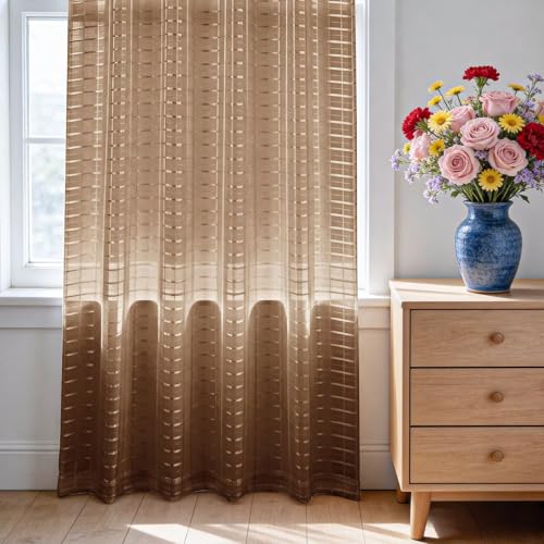 Check Sheer Curtains 96 Inches Long for Living Room (Check - Brown / 52"W x 96"L (Pack of 2))