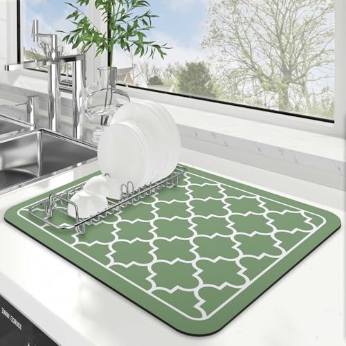 Dish Drying Mat Absorbent Dish Drying Mats for Kitchen Counter 15"x 18" (Stylish Green / 18" x 15")