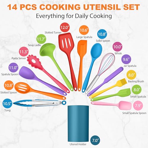 14 Pcs Silicone Kitchen Cooking Utensils Set with Holder (Colorful)