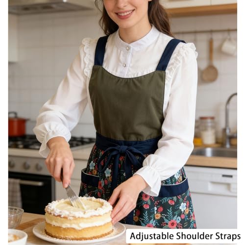 Pinafore Apron Dress for Women Adjustable Flower Work Aprons for Kitchen Cooking Baking Gardening with Pockets (Olive Green)