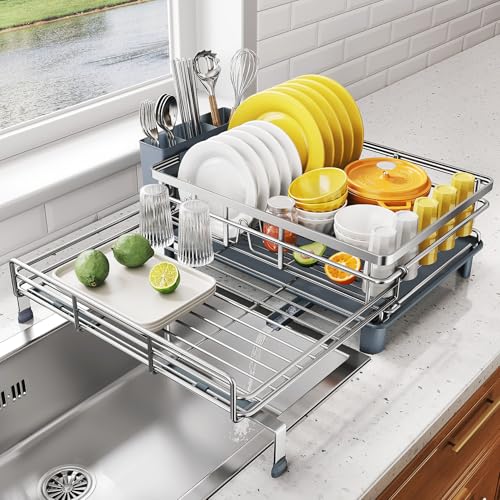 Expandable Dish Drying Rack for Kitchen Counter (Silver)