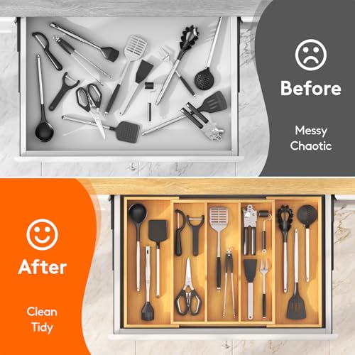 Bamboo Utensil Organizer for Kitchen Drawer (Natural / 15.6~28''W x 18.5'' D)