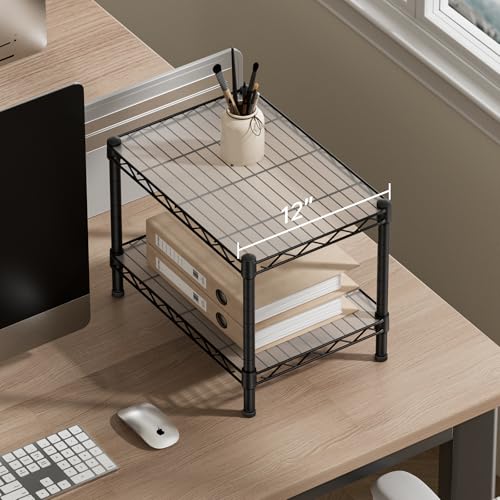 Small Shelves Kitchen Storage Shelf Wire Shelving Metal Adjustable (Black / 2 Tier 11.6"Dx17.6"Wx12"H)