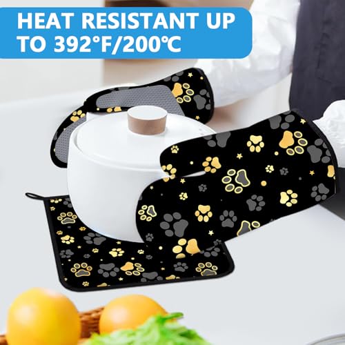Gold Dog Paw Print Oven Mitts and Pot Holders Sets Heat Resistant 4Pcs Potholders Oven Gloves Hot Pads for Kitchen Baking Cooking Grilling BBQ (Gold Dog Paw Print)