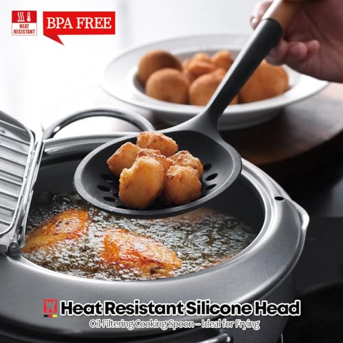 Silicon Cooking Skimmer Ladle with Wooden Handle (1635)