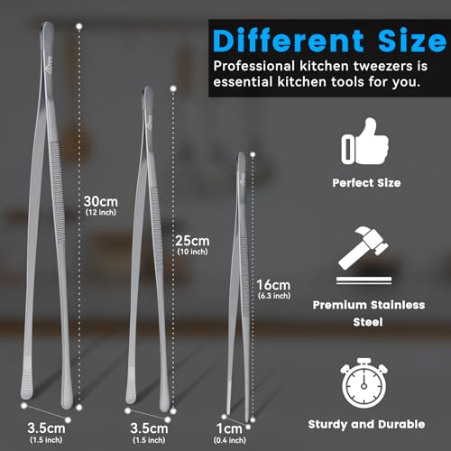 Kitchen Tweezers Stainless Steel Cooking Tweezers 3 Pcs (Silver 3PCS Round tips)