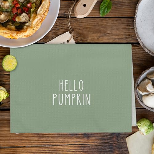 Fall Hello Pumpkin Farmhouse Kitchen Towels and Dishcloths Sets of 2 (Green Pumpkin)