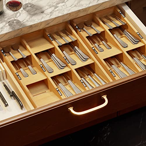 Bamboo Silverware Drawer Organizer with Labels (Natural, 6 Slots)