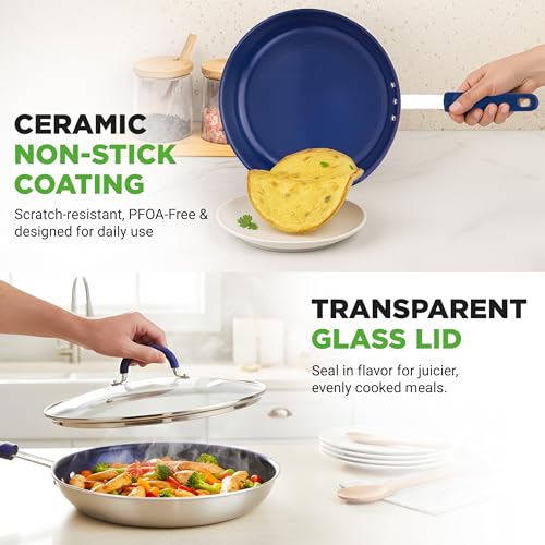 10'' Medium Fry Pan with Lid (Silver exterior/Blue interior / 10")
