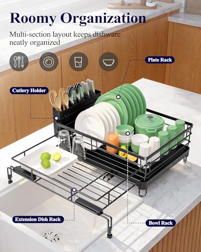 Adjustable Dish Drying Rack (Black / 15.6''-25.2''L × 16.9''W × 8.1''H)