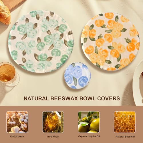 3 Pack Reusable Beeswax Bowl Covers for Bread Proofing (Roses)