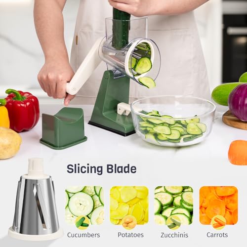 Upgraded Rotary Cheese Grater with 3 Interchangeable Stainless Steel Drums (Olive Green)