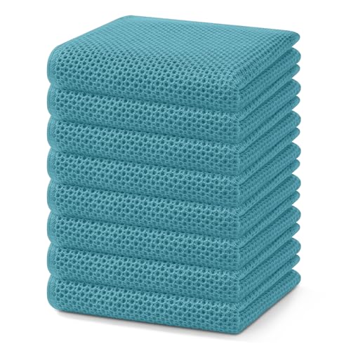 100% Cotton Waffle Weave Kitchen Dish Towels 8 (Lake Blue / 13 X 28 - 8 Pack)