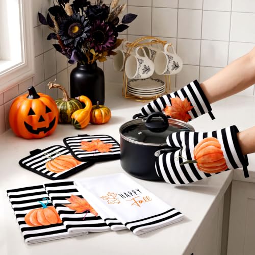 10 Pcs Fall Pumpkin Kitchen Decor Set Kitchen Towels Pot Holders Oven Mitts and Rugs Set Thanksgiving Towels for Baking Cooking BBQ Autumn Home (Black, White, Orange / Stripe Pumpkins)