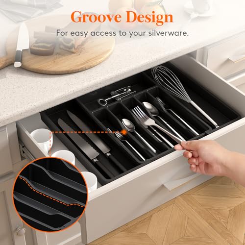 Extra Large Silverware Drawer Organizer (Black / XL Deep (13-22''W x 16.7''D))