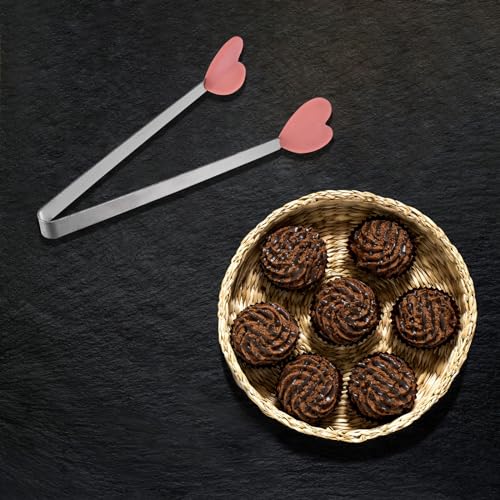Mini Food Tongs 5.3" Heart Shape Stainless Steel with Silicon Tips Small Cooking Tongs Kitchen Food Tongs Serving Tongs for Cooking Grilling BBQ Barbecue Kitchen (CoralPink)