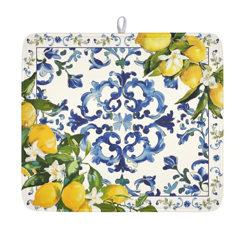 Lemon Dish Drying Mat 18x16 Inch (lemon Blue Yellow / 18" x 16")