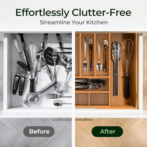Carbonized Large Bamboo Kitchen Drawer Organizer (12 Slots（Large & Expandable）)