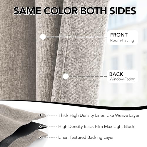 100% Blackout Linen Curtains 96 Inch Long for Living Room Bedroom (Sand/Linen Total Blackout / 52"W x 96"L (Pack of 2))