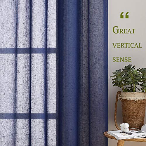 Linen Sheer Living Room Curtains 90 inch Long (52"W x 90"L (Pack of 2) / Dark Blue)
