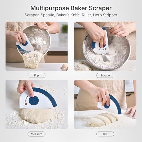 blue 5-in-1 flexible dough and bowl scraper with stainless-steel edge and integrated ruler (Blue)