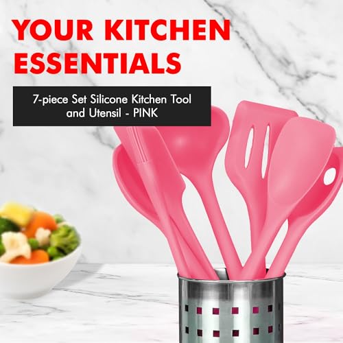 Premium Silicone Kitchen Tools and Utensils Set (7 Piece Set / Pink)