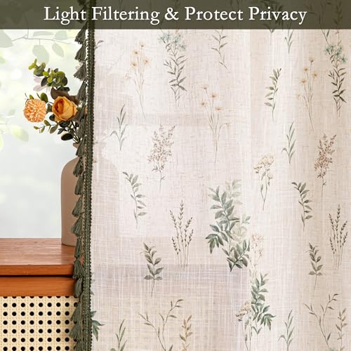 Linen Boho Floral Curtains 84 inches Long 2 Panels with Green Tassels Leaf Patterned Spring Vintage Cottage Core Light Filtering Semi Sheer Curtains for Living Room Bedroom (Green / 50"W x 84"L (Pack of 2))