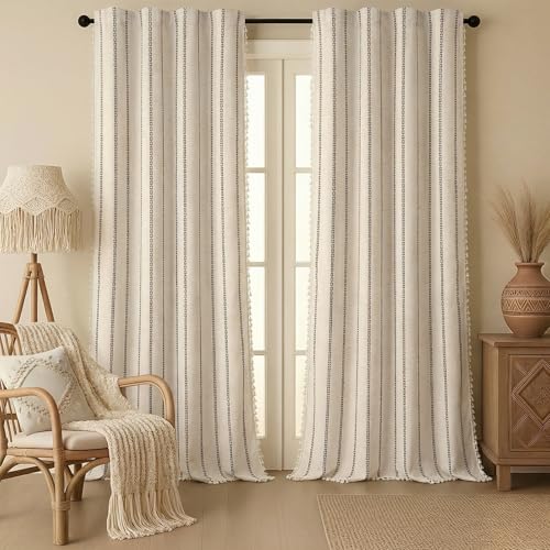 Beige 100% Boho Blackout Curtains 96 Inch 2 Panels with Tassels (Black / 52"W x 96"L (Pack of 2))