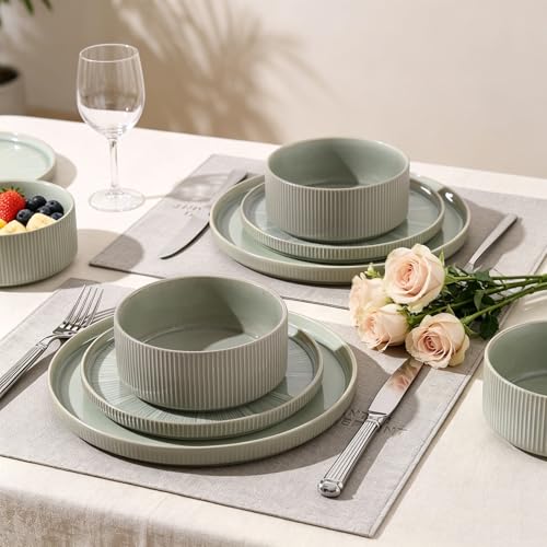 Stoneware Dinnerware Sets for 4 (Sage Green / 4-Set(12pcs))