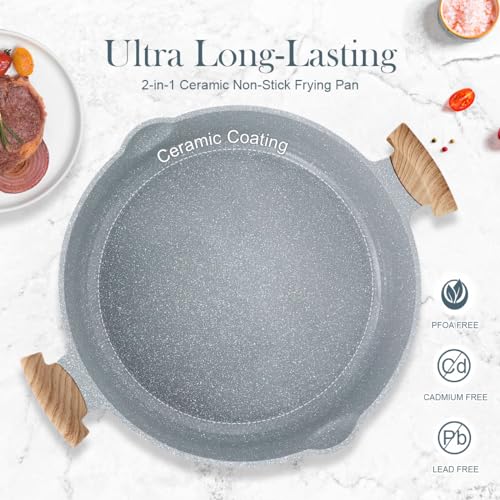 14 Inch Ceramic Deep Frying Pan with Lid (Blue)