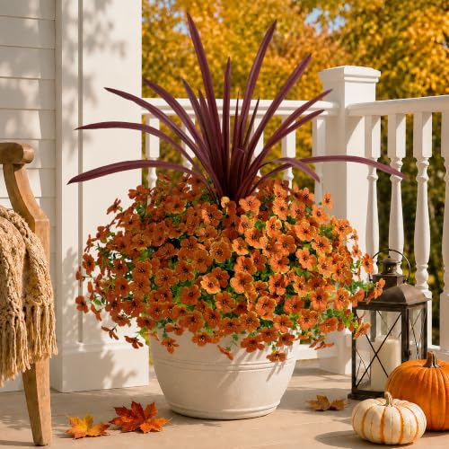 Artificial Fall Flowers Faux Mums for Outdoor Indoor Garden Home Decoration (Orange)