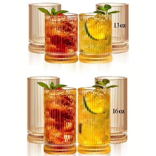 Amber Glassware Ribbed Drinking Glasses Set of 8 (Amber Ribbed Glassware 8pcs / 8pcs)