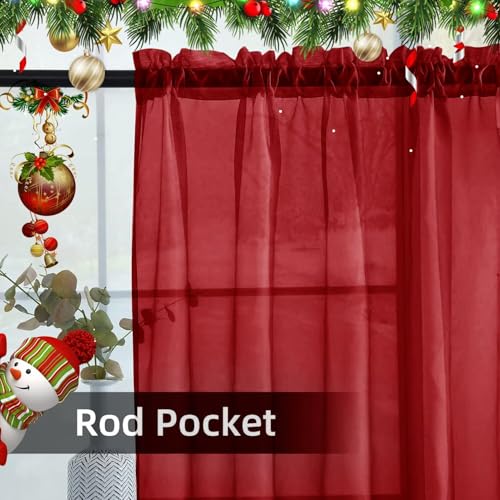 Solid Sheer Rod Pocket Curtain Voile Draperies 4 Panels White Beige Black Grey Ivory 52 Inch Width 63 Inch Long 1 Pair for Kitchen Bedroom Children Living Room Yard (Christmas Red / 52"W x 63"L (Pack of 4))