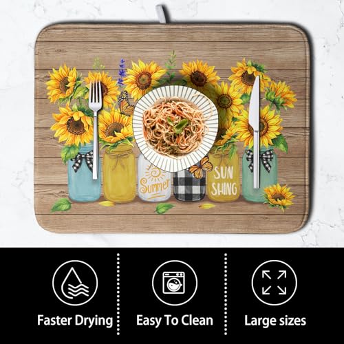 Sunflower Dish Drying Mat for Kitchen 18x24 Inch Counter Rustic Vintage Floral Vases Wood Grain Drying Mats Microfiber Absorbent Dishes Drying Pad Spring Summer Flowers Dish Drainer Rack Mat (Sunflower Vases / 18" x 24")