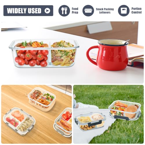 6 Pack 3 Compartment Glass Meal Prep Containers with Lids (34oz, 3 Compartment-Grey)