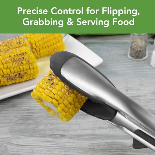 Tongs With Silicone Tips Easy Grip 13” Long Kitchen Tongs Stainless Steel Handle For Cooking BBQ (Black)