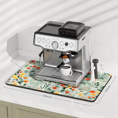 Coffee Mat 12" x 19" Cute Coffee Bar Mats for Espresso Machine Station Accessories and Organizer (Simple Abstract Flowers / 12" x 19")