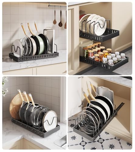 Pull Out Pots and Pans Organizer Under Cabinet (Black / Pull out-8 Dividers-1 Pack)