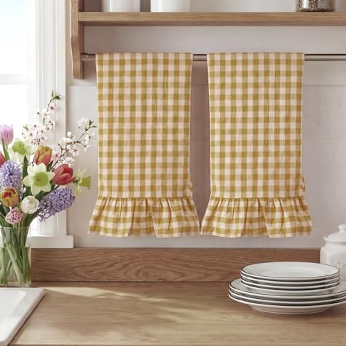 2 Pcs Yellow Gingham Kitchen Towels Cotton Ruffled (Yellow / Gingham)