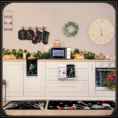 10 Pcs Christmas Skeleton Kitchen Decor and Accessories Set Kitchen Towels Pot Holders Oven Mitts Rugs and Tape for Baking Cooking BBQ Festive Housewarming Gifts (Black,white / Halloween Skeleton)
