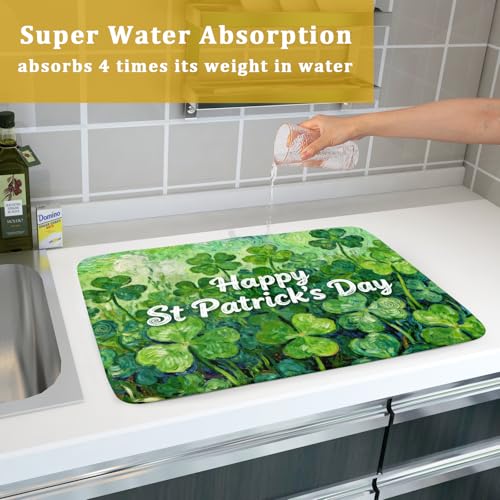 St Patricks Day Lucky Clover Dish Drying Mat for Kitchen Counter 18x24 Green Shamrock Happy Holiday Theme Absorbent Reversible Microfiber Drying Mats Kitchen Countertop Protector Dishes Drainer Pad (18" x 24")