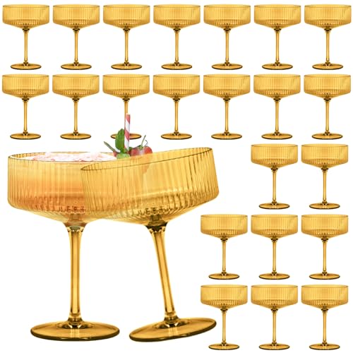 24 Pieces Martini Glasses 10.5oz Plasitc Ribbed Coupe Glasses Champagne Shatterproof Acrylic Vintage Cocktail Glassware Margarita Wine Glasses Disposable Cups for Parties Wedding Anniversary Bar Amber (Amber / 24 PCS)