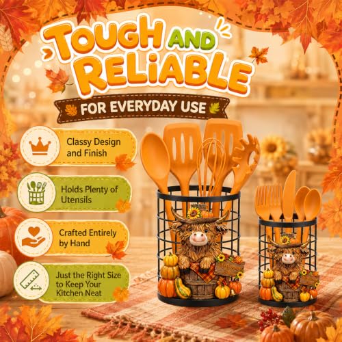 2 Pcs Fall Pumpkin Utensil Holder Highland Cow Decor (Fall)
