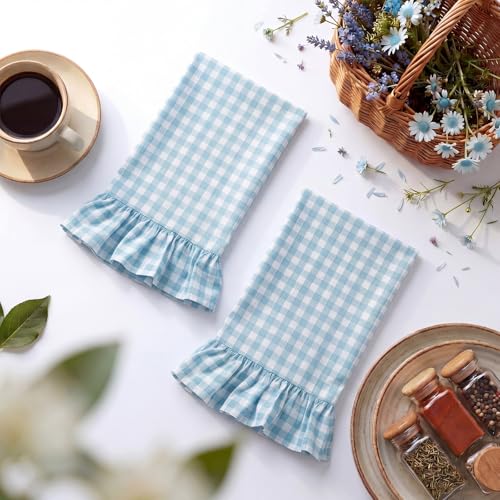 2 Pcs Light Blue Gingham Kitchen Towels Cotton Ruffled (Light Blue / Gingham)