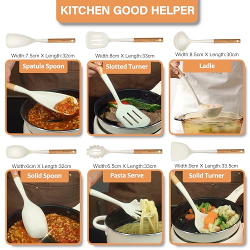 Large Silicone Kitchen Utensils Set (Cream White)
