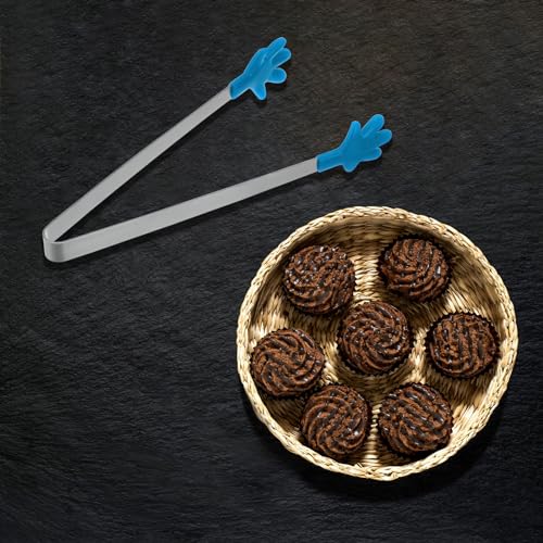 Mini Food Tongs 5.5" Pattern Shape Stainless Steel with Silicon Tips Small Cooking Tongs Kitchen Food Tongs Serving Tongs for Cooking Grilling BBQ Barbecue Kitchen (Blue)