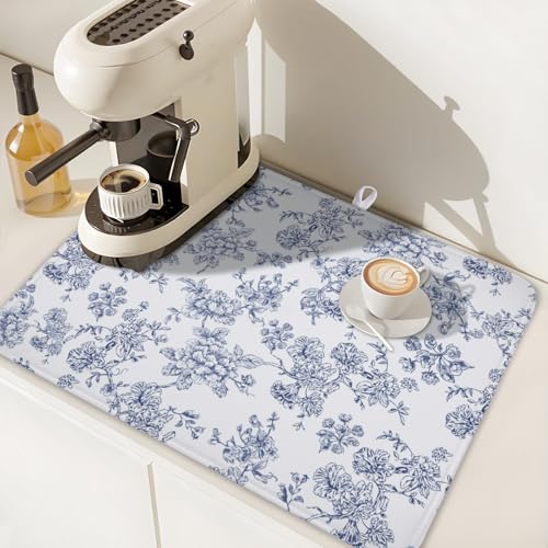 Blue Floral Dish Drying Mat for Kitchen Counter Chinoiserie Flower Microfiber Dish Drainer Mat Vintage Rustic Elegant Absorbent Washable Drying Pad Extra Large 18"x24" (Elegant Blue Flower / 24" x 18")